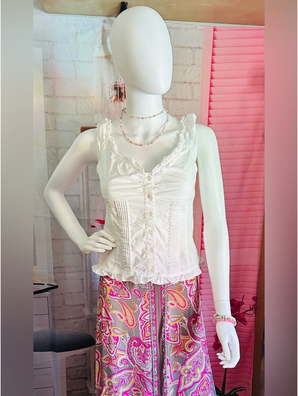 White Ruffle Button-Front Tank Top